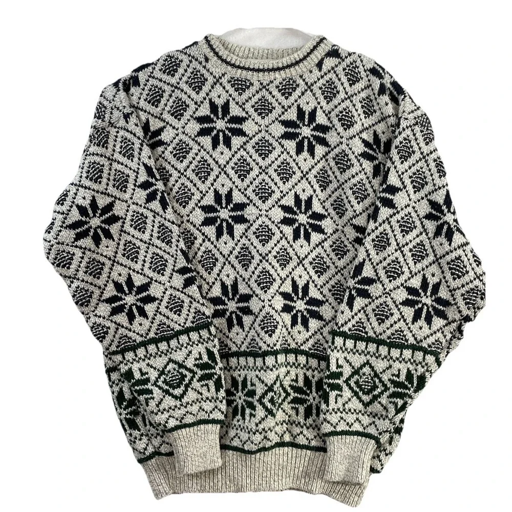 Vintage Robert Stock Sweater Mens L Grandpa White Blue Accents Pullover Made USA